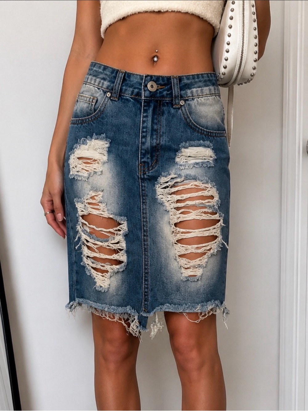 Ripped Blue Denim Midi Skirt